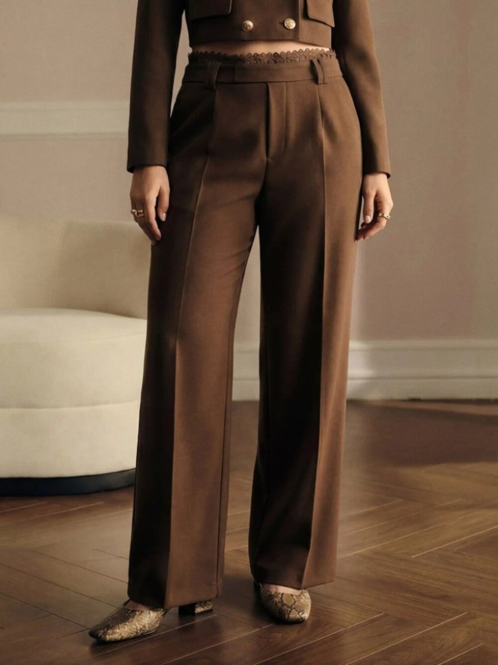 Brown Lace Trim Waist Pleated Relaxed Straight Leg Trouser Pants